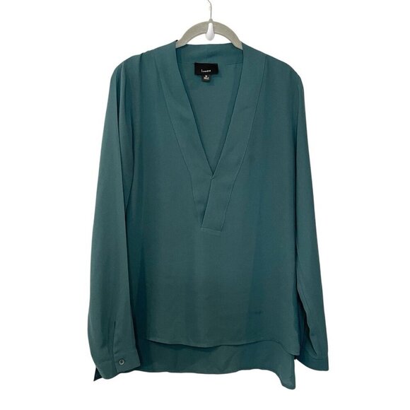Lumiere Forest Green V-Neck Long Sleeve Career Blouse‎ Hi Lo Solid Polyester M - Picture 1 of 6